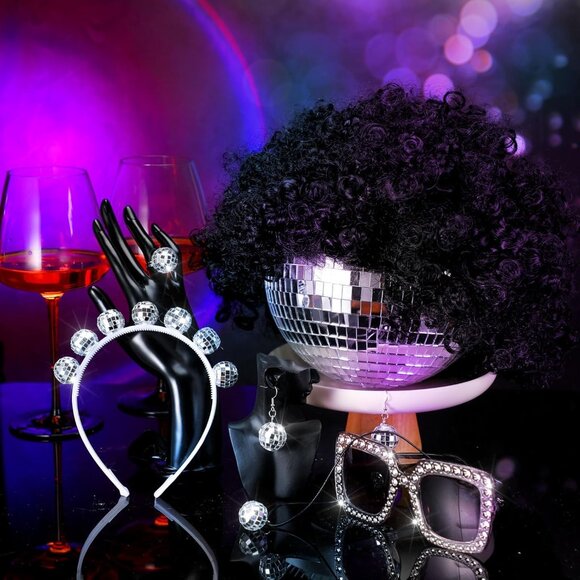 Glamorous 70s Women's Disco Costume Set with Wig & Reflective Jewelry - Picture 2 of 6